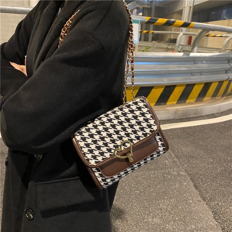 Sac à Main Pied-de-Poule Chic avec Boucle Cœur & Chaîne Dorée