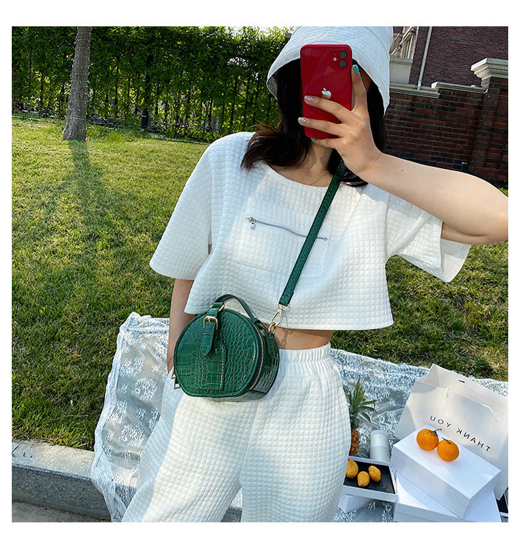 Sac Mini Rond avec Effet Croco & Poignée Courte