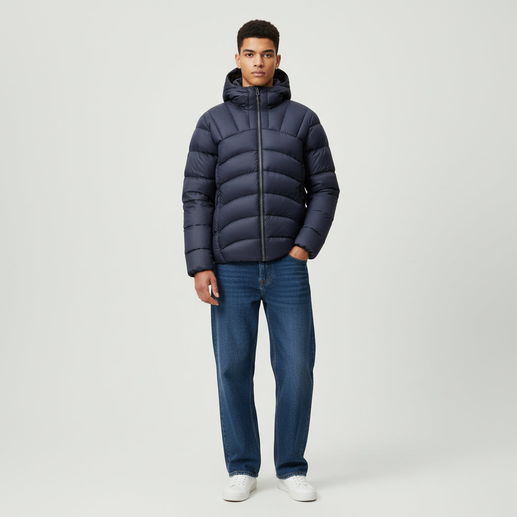 Doudoune Légère à Capuche avec Coutures Arrondies