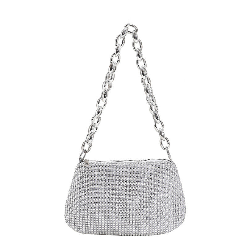 Sac en Forme de Lune avec Strass & Chaîne Métallique