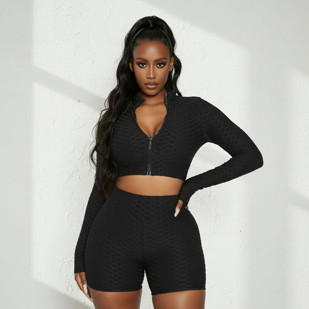 Ensemble 2 Pièces avec Top Zippé & Short Haute Taille