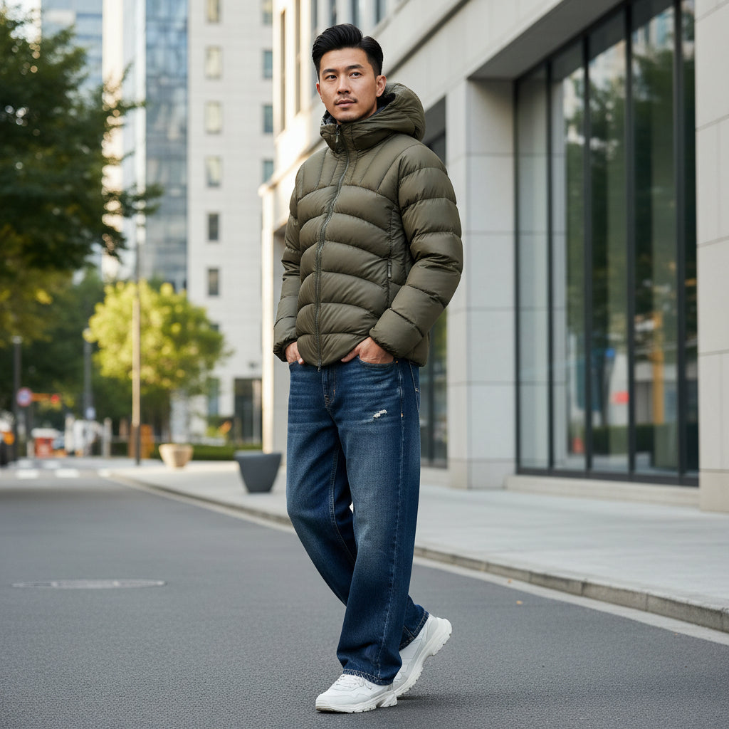 Doudoune Légère à Capuche avec Coutures Arrondies