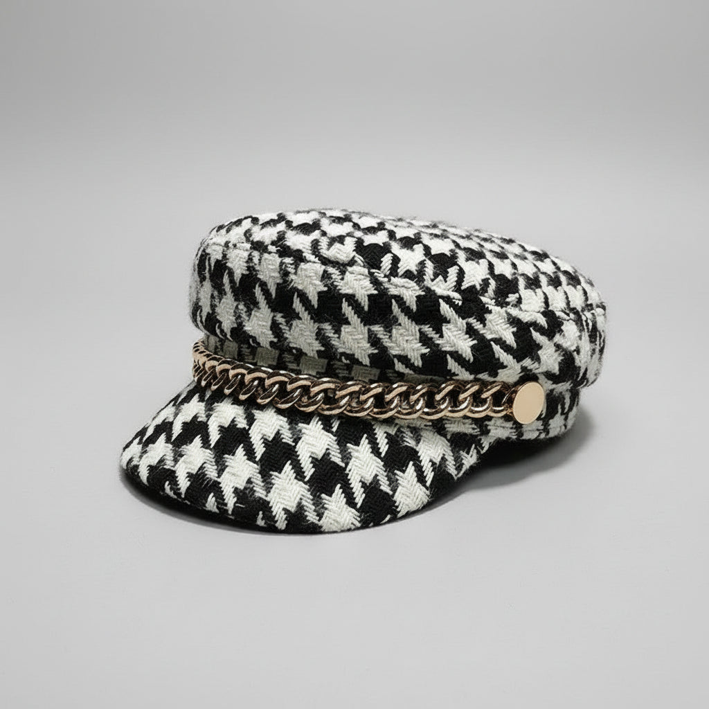 Bonnet Marin en Motif Pied-de-Poule avec Chaîne Dorée
