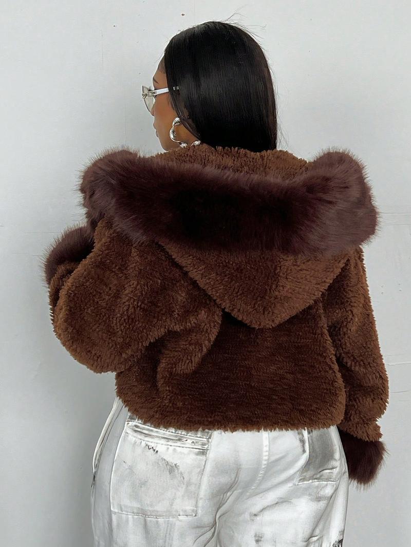Manteau Court à Capuche en Fausse Fourrure