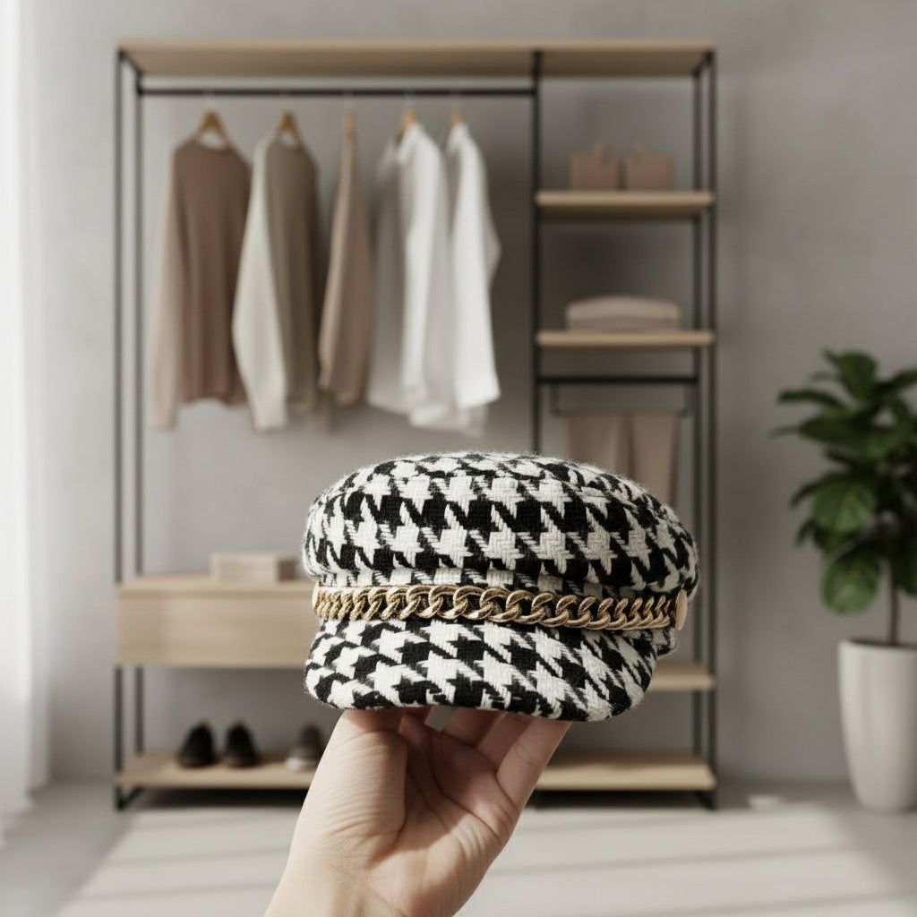 Bonnet Marin en Motif Pied-de-Poule avec Chaîne Dorée