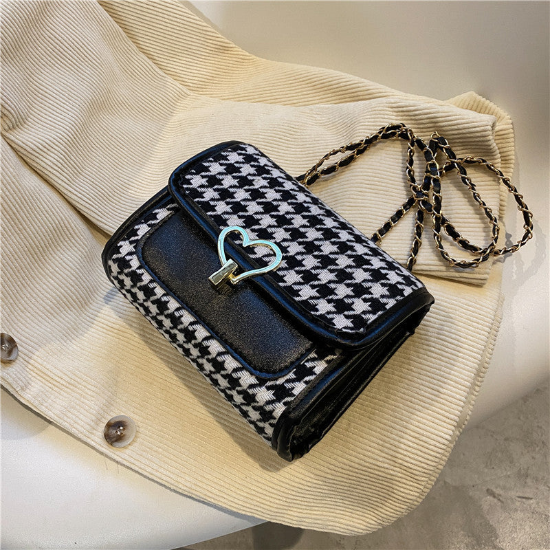 Sac à Main Pied-de-Poule Chic avec Boucle Cœur & Chaîne Dorée