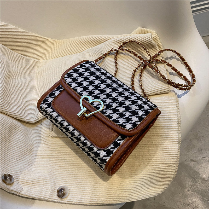 Sac à Main Pied-de-Poule Chic avec Boucle Cœur & Chaîne Dorée