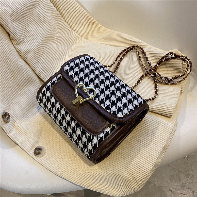 Sac à Main Pied-de-Poule Chic avec Boucle Cœur & Chaîne Dorée