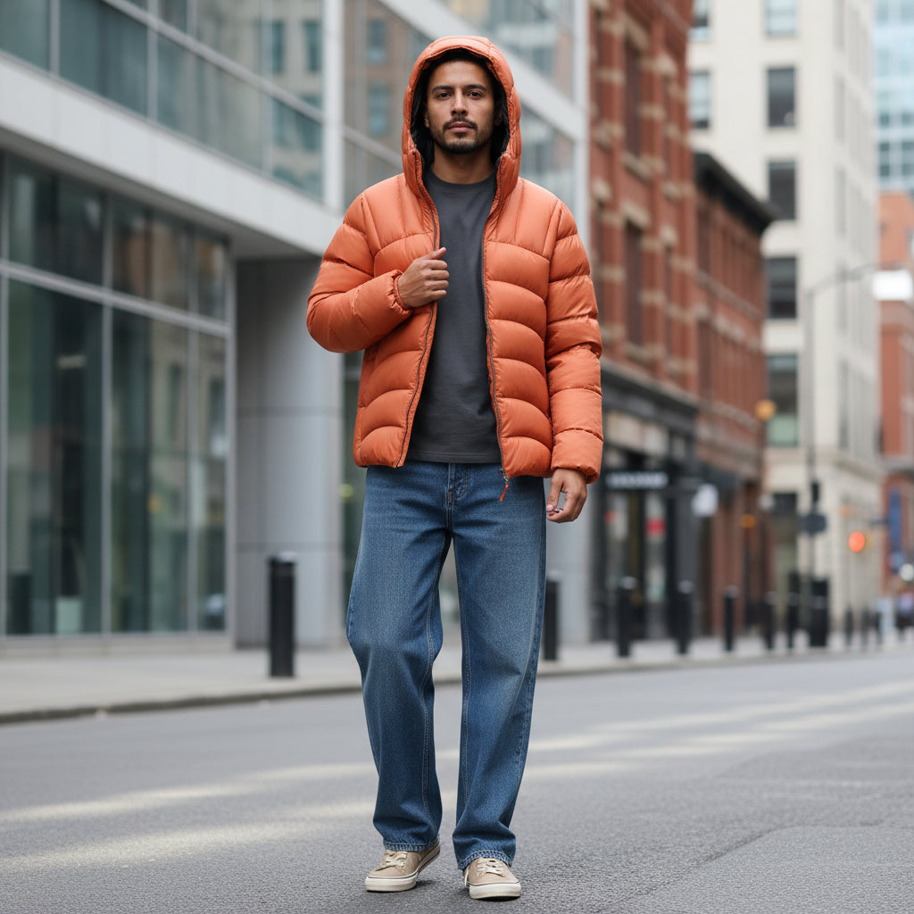 Doudoune Légère à Capuche avec Coutures Arrondies